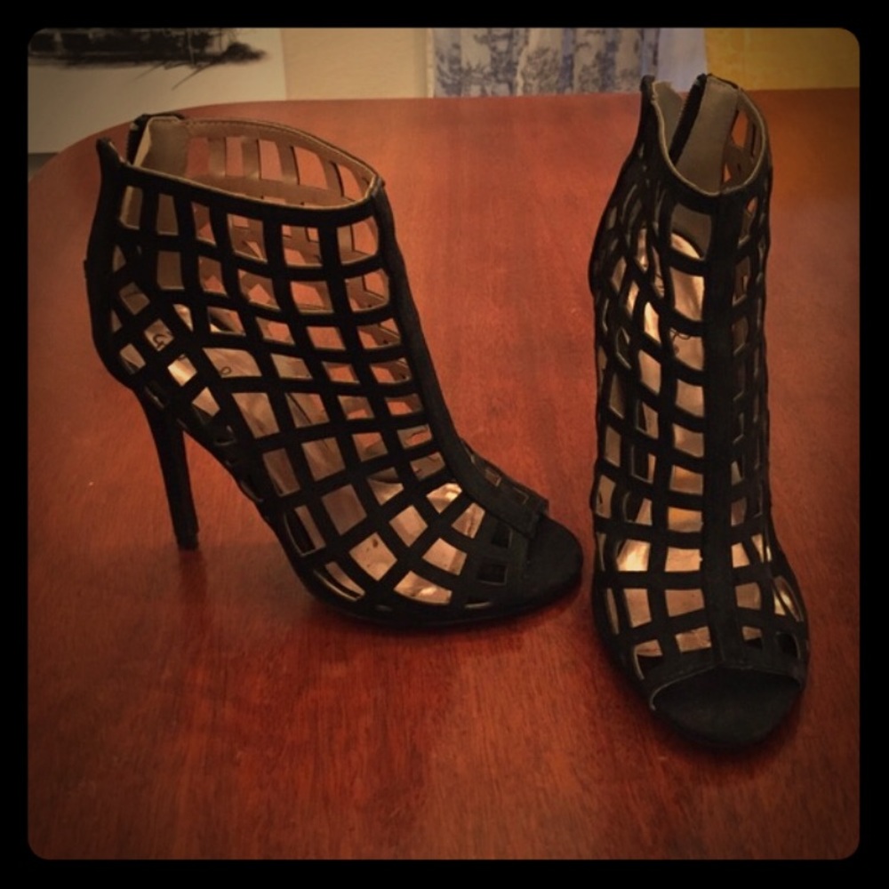 Black Velvet Caged Open Toe Booties